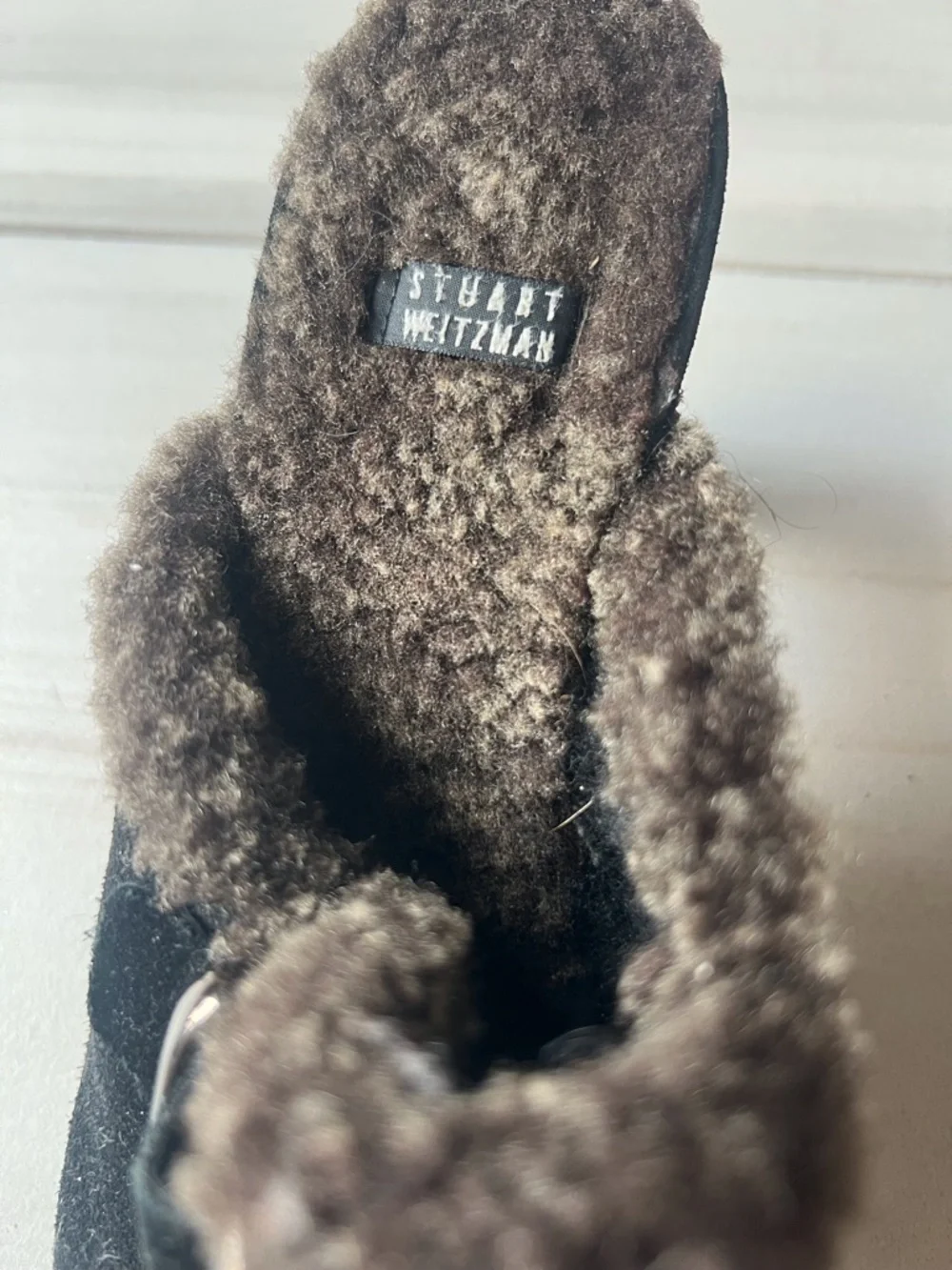 Stuart Weitzman Black Suede Shearling-Trim Slip-On Mules - Picture 8 of 8